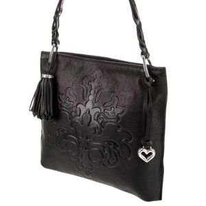 Brighton Piper 
Black Embossed Slim Leather Shoulder Bag Tassy 12x10